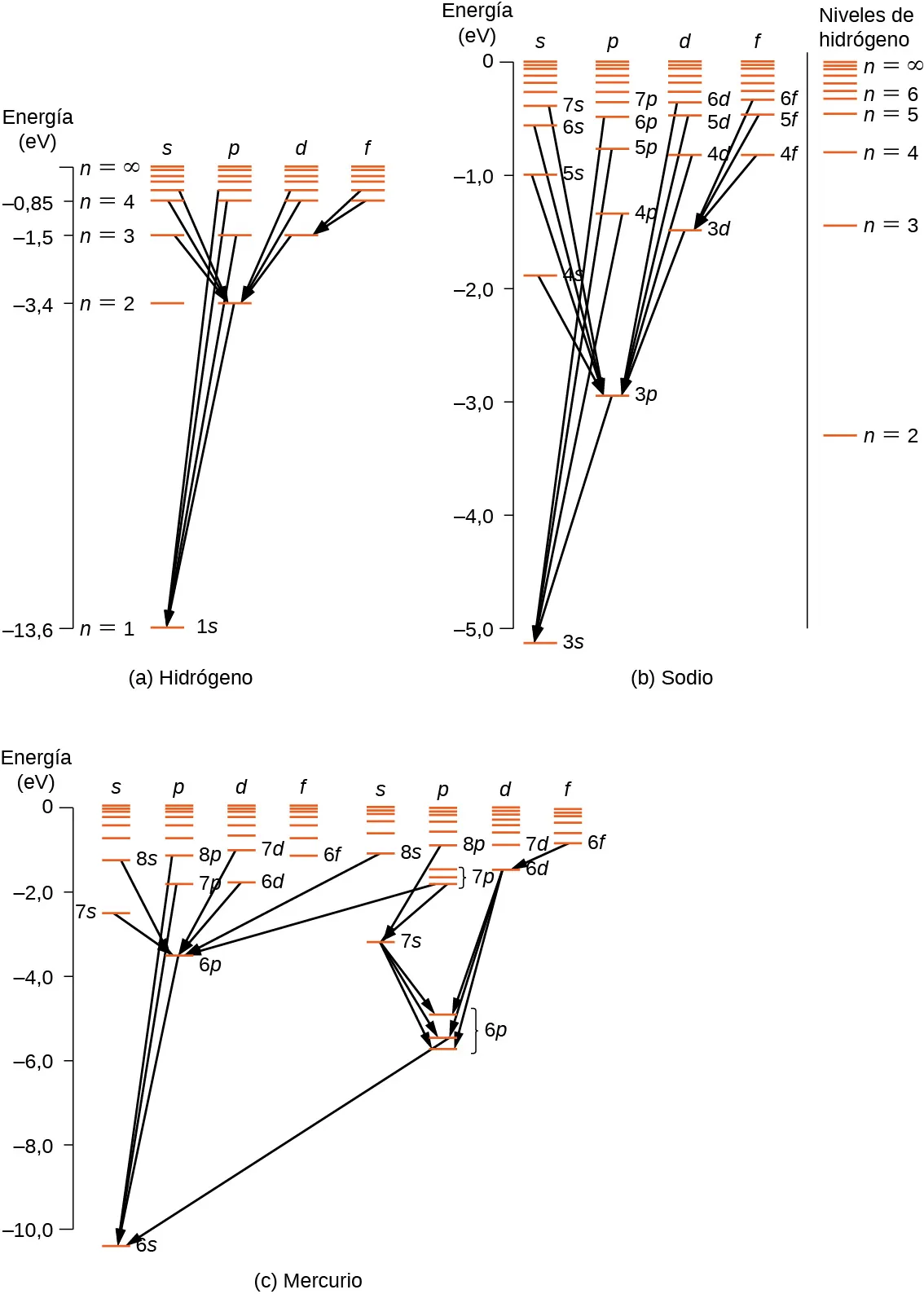 Los diagramas de niveles de energía para el hidrógeno, el sodio y el mercurio se muestran como líneas horizontales. Las líneas horizontales de este diagrama corresponden a los niveles de energía atómica, y las transiciones se muestran mediante flechas dibujadas entre estos niveles. Las líneas que pertenecen a la misma subcapa (s, p, d, etc.) se dibujan en una columna, y las diferentes subcapas se dibujan una al lado de la otra en columnas etiquetadas con la letra de la subcapa. La dirección vertical representa la energía en e V. La figura a es el espectro del hidrógeno. Se muestran las columnas de las subcapas s, p, d y f. El nivel n=1 tiene solo una subcapa, el estado 1 s, con energía de -13,6 e V. El nivel n=2 tiene estados en las subcapas s y p, con energía de -3,4 e V. El nivel n=3 tiene estados en las subcapas s, p y d, con energía de -1,5 e V. El nivel n=4 tiene estados en las subcapas s, p, d y f, con energía de -0,85 e V. Existe un número infinito de energía para todo n hasta el infinito, que se aproxima cada vez más. Se muestran varias transiciones de los estados s en el n más alto hasta los estados p en n=2, de los estados p en el n más alto hasta el estado 1 s, de los estados d en el n más alto hasta el estado 2 p, y de los estados f en el n más alto hasta el estado 2 d. La figura b es el espectro del sodio, con las energías de los estados de hidrógeno n=2 hasta n=6 mostradas a la izquierda como referencia. La escala de energía va de -5,0 a 0 e V. Se muestran las columnas de los estados s, p d y f. El espacio entre los niveles es más complejo que en el caso del hidrógeno: los niveles 3 s, 3 p y 3 d tienen energías diferentes: 3 s está un poco por debajo de -5 e V, 3 p en torno a -3 e V, y 3 d en torno a -1,5 e V. Otros estados en la misma subcapa están igualmente divididos. Las transiciones se muestran como en el caso del hidrógeno, pasando a un n inferior y cambiando de subcapa por uno, de f hasta d, de d hasta p, de s hasta p, etcétera. La figura c es el espectro del mercurio. La escala de energía es de -10,0 a 0 e V. Se muestran los estados s, p, d, f en los dos estados de espín neto de los 6 electrones s. Como en el caso del sodio, los estados con diferentes números cuánticos l (es decir, diferentes subcapas) pero con el mismo número cuántico n tienen energías diferentes. Además, vemos que los estados se dividen aún más. Uno de los estados 6 p (el llamado estado triplete) se divide en tres líneas que tienen energías cercanas pero claramente distinguibles, y el estado 7 p en este estado de espín neto también se divide en tres líneas.