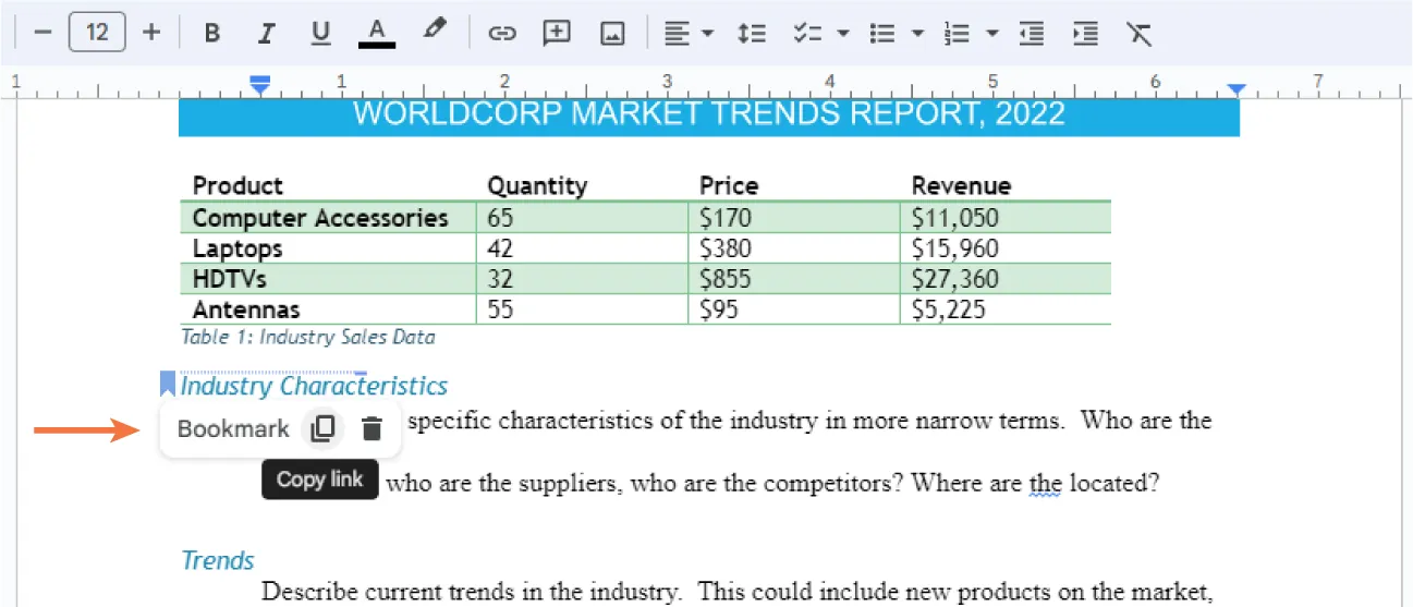 A Bookmark tag is visible before the header Industry Characteristics. A small options pane is open with options for Copy Link and Delete.