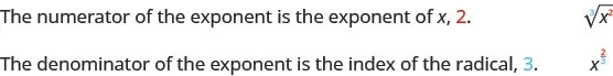 This figure says, “The numerator of the exponent is the exponent of x, 2.” It then shows the cubed root of x squared. The figure then reads, “The denominator of the exponent is the index of the radical, 3.” It then shows y to the 2/3 power.