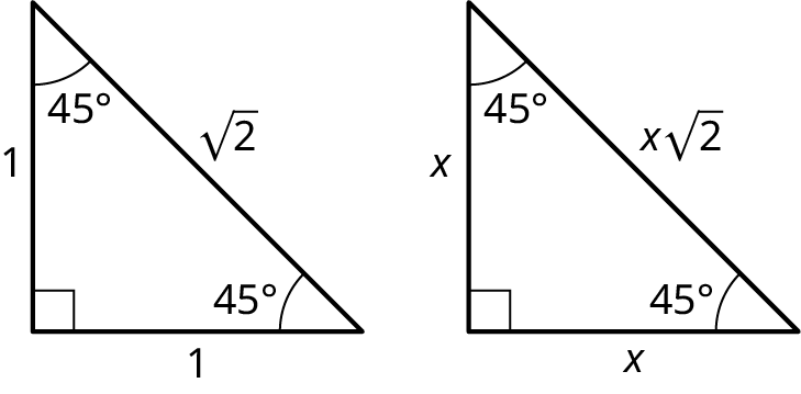 Two right triangles. In the first triangle, the legs measure 1 and 1. The hypotenuse measures the square root of 2. The angles measure 90 degrees, 45 degrees, and 45 degrees. In the second triangle, the legs measure x and x. The hypotenuse measures x times the square root of 2. The angles measure 90 degrees, 45 degrees, and 45 degrees.