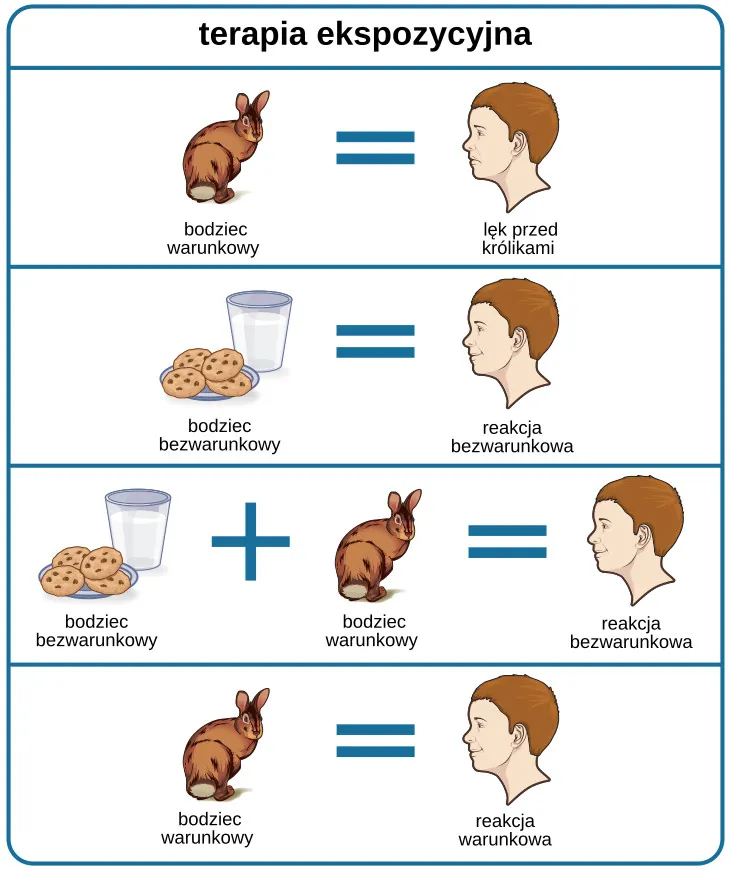 This figure, titled “Exposure Therapy,” illustrates the exposure therapy strategy of Mary Cover Jones to rid a person of the fear of rabbits. The first of four levels depicts an image of a person and a rabbit with an equals sign between them. Under the rabbit reads “conditioned stimulus (CS),” and under the person reads “fear of rabbits.” The second level depicts an image of milk and cookies, labeled “unconditioned stimulus (US),” and on the other side of an equals sign there is a picture of the same person labeled “unconditioned response (UR).” The third level shows the milk and cookies, labeled “unconditioned stimulus (US),” and rabbit, labeled “conditioned stimulus (CS),” to the left and right of a plus sign, with the person on the other side of an equals sign. The label “unconditioned response (UR) is below the person.” The final level shows the person and the rabbit separated by an equals sign. This time the rabbit is labeled “conditioned stimulus (CS)” and the person is labeled “conditioned response (CR).”