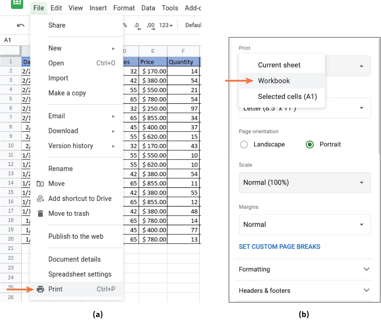 (a) Print is selected from the File menu. (b) Print pane displays option for Workbook which opens to Selected cells (A1). Portrait Orientation, Normal Scale/Margins, Formatting, and Headers & Footers also available.