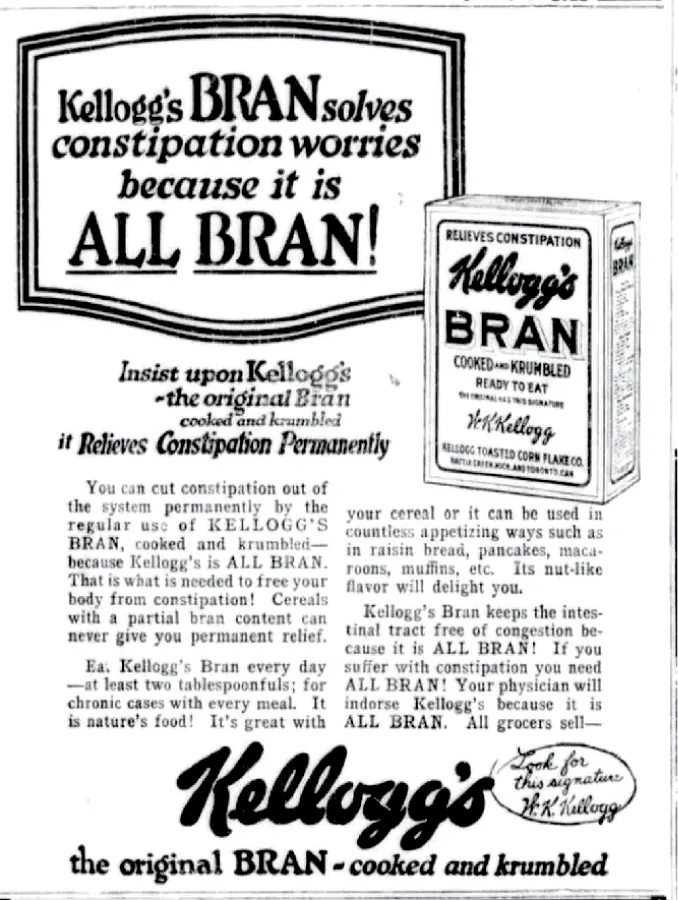 A 1922 Kellogg's All-Bran Advertisement featuring an image of a box and a description of the benefits.  It reads Kellogg's bran solves constipation worries because it is all bran.