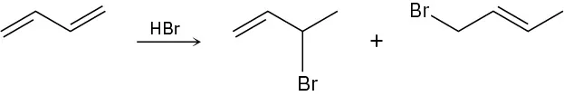 A reaction shows 1,3-butadiene reacting with hydrogen bromide to form 3-bromo-1-butene and trans-1-bromo-2-butene.