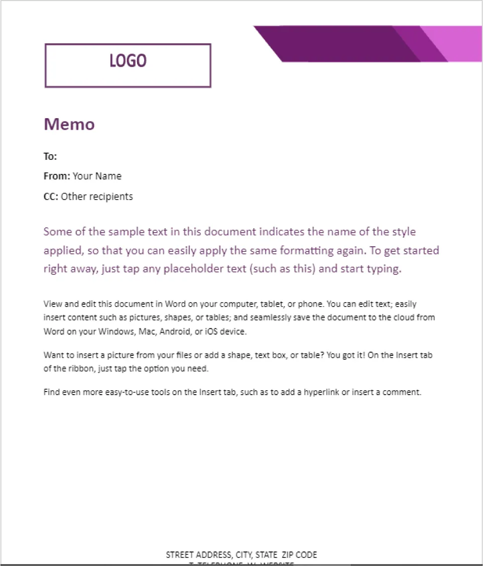 A sample Memo template displays a design at the top and a space for a Logo. The body of the text is visible with various fonts, colors, and styles.