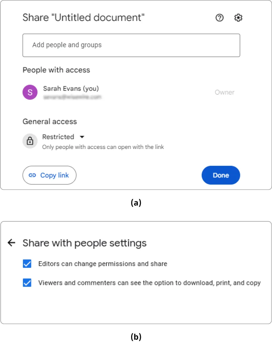 (a) Share with people and groups displays space to Add people and groups and Restrict opening links. (b) Share with people settings offers changing permissions and options to download, print, and copy.