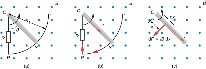Części od a do c rysunku przedstawiają prostokątny obszar, w którym istnieje jednorodne pole magnetyczne o indukcji B – prostopadłe do płaszczyzny tegoż rysunku. Pole to zwrócone jest od płaszczyzny rysunku. Krótsze boki obszaru tegoż pola są poziome. W części a rysunku, w obszarze pola magnetycznego, znajduje się, leżący w płaszczyźnie rysunku – obwód elektryczny. Początek tegoż obwodu znajduje się w punkcie O, usytuowanym w pobliżu lewego górnego wierzchołka obszaru. Do punktu O podłączony jest rezystor R. Symbol graficzny tego rezystora narysowany jest w pionie, w pobliżu lewej granicy obszaru pola magnetycznego. Do dolnego końca rezystora R, w punkcie P – podłączony jest przewód w kształcie jednej czwartej łuku okręgu. Łuk ten biegnie ku prawej stronie rysunku. Promień tego łuku wynosi r, a jego środek znajduje się w punkcie O. Nigdzie niepodłączony koniec przewodu w kształcie łuku oznaczony jest T. W punkcie O, do którego podłączony jest rezystor – znajduje się oś obrotu przewodzącego, prostoliniowego pręta o długości nieco większej od promienia łuku. Pręt odchylony jest w prawo i tworzy z pionowym symbolem rezystora ostry kąt theta. Swobodny koniec pręta styka się z przewodem w kształcie łuku w punkcie S. Kierunek ruchu pręta wskazuje łukowa strzałka zwrócona przeciwnie do ruchu wskazówek zegara. W części b rysunku, w obszarze pola magnetycznego, znajduje się, leżący w płaszczyźnie rysunku – obwód elektryczny. Początek tegoż obwodu znajduje się w punkcie O, usytuowanym w pobliżu lewego górnego wierzchołka obszaru. Do punktu O podłączony jest rezystor R. Symbol graficzny tego rezystora narysowany jest w pionie, w pobliżu lewej granicy obszaru pola magnetycznego. Do dolnego końca rezystora R, w punkcie P – podłączony jest przewód w kształcie jednej czwartej łuku okręgu. Łuk ten biegnie ku prawej stronie rysunku. Środek łuku znajduje się w punkcie O. Nigdzie niepodłączony koniec przewodu w kształcie łuku oznaczony jest T. W punkcie O, do którego podłączony jest rezystor – znajduje się oś obrotu przewodzącego, prostoliniowego pręta o długości nieco większej od promienia łuku. Pręt odchylony jest w prawo i tworzy z pionowym symbolem rezystora kąt ostry. Swobodny koniec pręta styka się z przewodem w kształcie łuku w punkcie S. Kierunek ruchu pręta wskazuje łukowa strzałka zwrócona przeciwnie do ruchu wskazówek zegara. Na rysunku zaznaczono kierunek prądu o natężeniu I, płynącego w następującym obwodzie: oś obrotu pręta, pręt, fragment łukowego przewodu pomiędzy punktem S jego styku z prętem a końcem pionowego rezystora R, rezystor, punkt O. Prąd płynie zgodnie z ruchem wskazówek zegara. Część c rysunku przedstawia pręt, którego oś obrotu znajduje się w punkcie O, usytuowanym w pobliżu lewego górnego wierzchołka obszaru pola magnetycznego. Pręt odchylony jest w prawo i tworzy z pionem kąt ostry. Kierunek ruchu pręta wskazuje łukowa strzałka, zwrócona przeciwnie do ruchu wskazówek zegara. W pręcie, w kierunku od jego osi obrotu – płynie prąd o natężeniu I. W odległości x od osi obrotu tegoż pręta – wyróżniony jest jego odcinek o grubości dx. Do plasterka pręta, prostopadle do tegoż pręta – przyłożony jest wektor siły, oznaczonej dF z indeksem m. Wektor ten zwrócony jest w kierunku lewego, dolnego rogu rysunku.