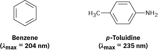 The structures of benzene and para-toluidine with lambda max values of 204 and 235 nanometers, respectively.