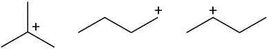 Isopropyl with a positive charge at central carbon, a 4-carbon chain with a positive charge at C1, and another 4-carbon chain with a positive charge at C2.