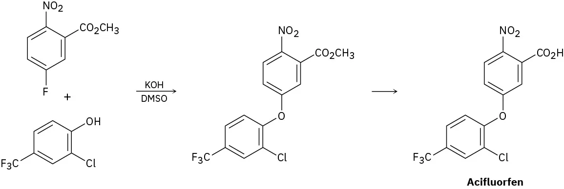 A substituted phenol and sutstituted aryl fluoride react in potassium hydride and dimethyl sulfoxide to yield acifluorfen through a series of steps.