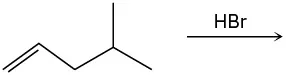 An incomplete reaction shows 4-methyl-1-pentene reacting with hydrogen bromide to form unknown product(s) indicated by a question mark.