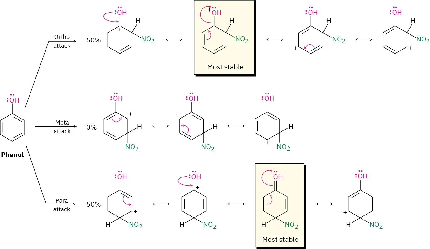 Phenol undergoes nitration to form 50 percent ortho, no meta, and 50 percent para substituted intermediates. The resonance structures of intermediates are depicted.
