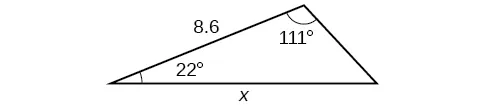 Un triángulo. Un ángulo es de 111 grados con el lado opuesto = x. Otro ángulo es de 22 grados. El lado adyacente a los ángulos de 111 y 22 grados = 8,6.