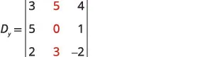 A 3x3 matrix, denoted D_y, contains the elements [[3, 5, 4], [5, 0, 1], [2, 3, -2]]. The numbers in the second column (5, 0, 3) are highlighted in red.