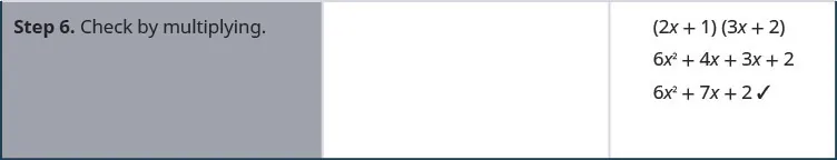 The last step is to check by multiplying. Multiply the factors (2 x + 1)(3 x + 2) to get 6 x ^ 2 + 7 x + 2.