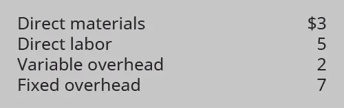 Direct materials $3, Direct labor $5, Variable overhead $2, Fixed overhead $7.