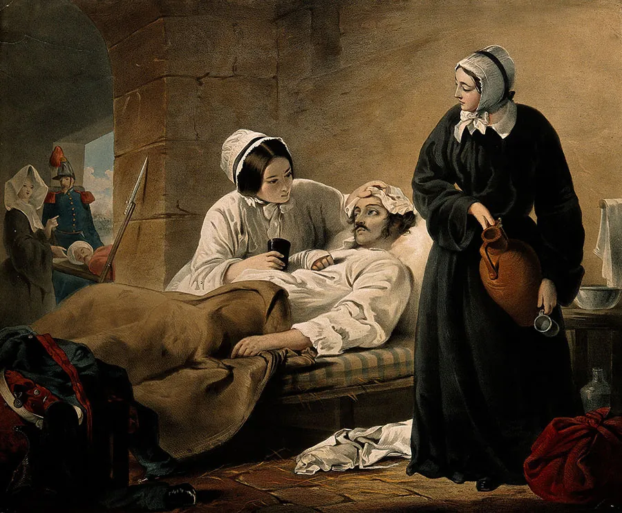 Painting of Florence Nightingale and another nurse caring for a patient.
