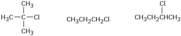 Chemical structures of t-butyl chloride, 1-chloropropane, and 2-chlorobutane.
