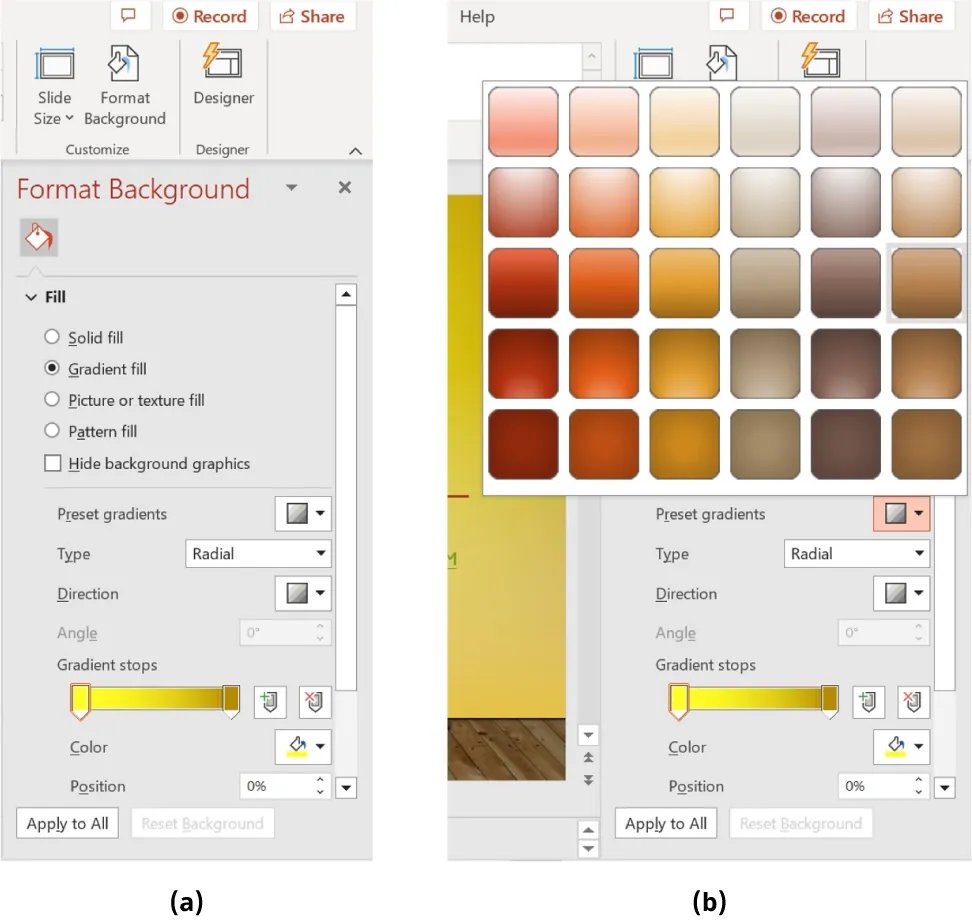 Image A shows the Format Background options. Image B shows the preset gradients for background color.
