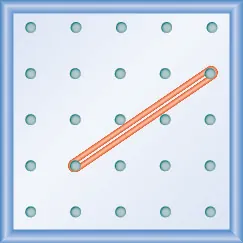 The figure shows a grid of evenly spaced pegs. There are 5 columns and 5 rows of pegs. A rubber band is stretched between the peg in column 2, row 4 and the peg in column 5, row 2, forming a line.