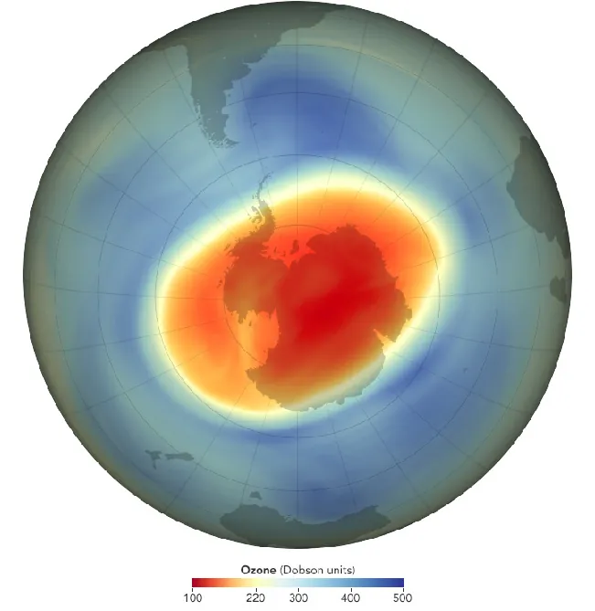 The map shows the variation in concentration of ozone over Antarctica. The scale for the total ozone level is depicted below the graph in Dobson units. The values are marked in colors of spectrum with the lowest value is marked in violet and the maximum value in red. The Antarctica region is marked in violet showing lesser ozone concentration and more ultraviolet rays. The region around Antarctica is in green, showing slightly higher concentration of ozone.