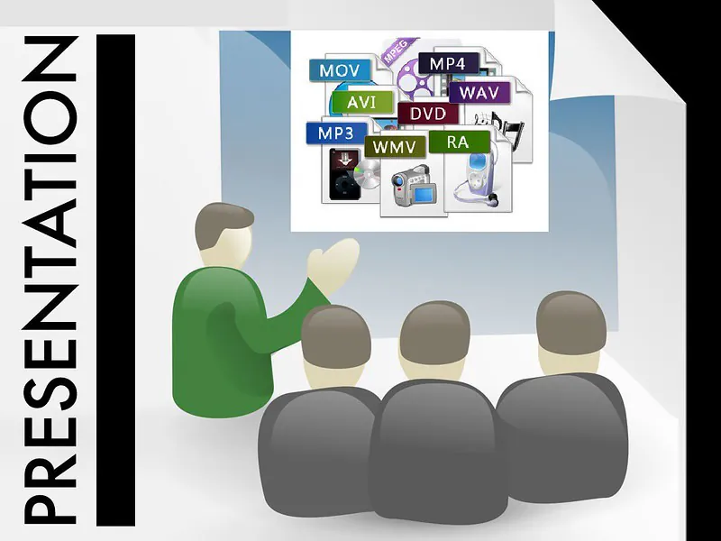 An illustrated person presents a project to three other people. The project shows the file extensions of different types of media files and the devices used to play them.