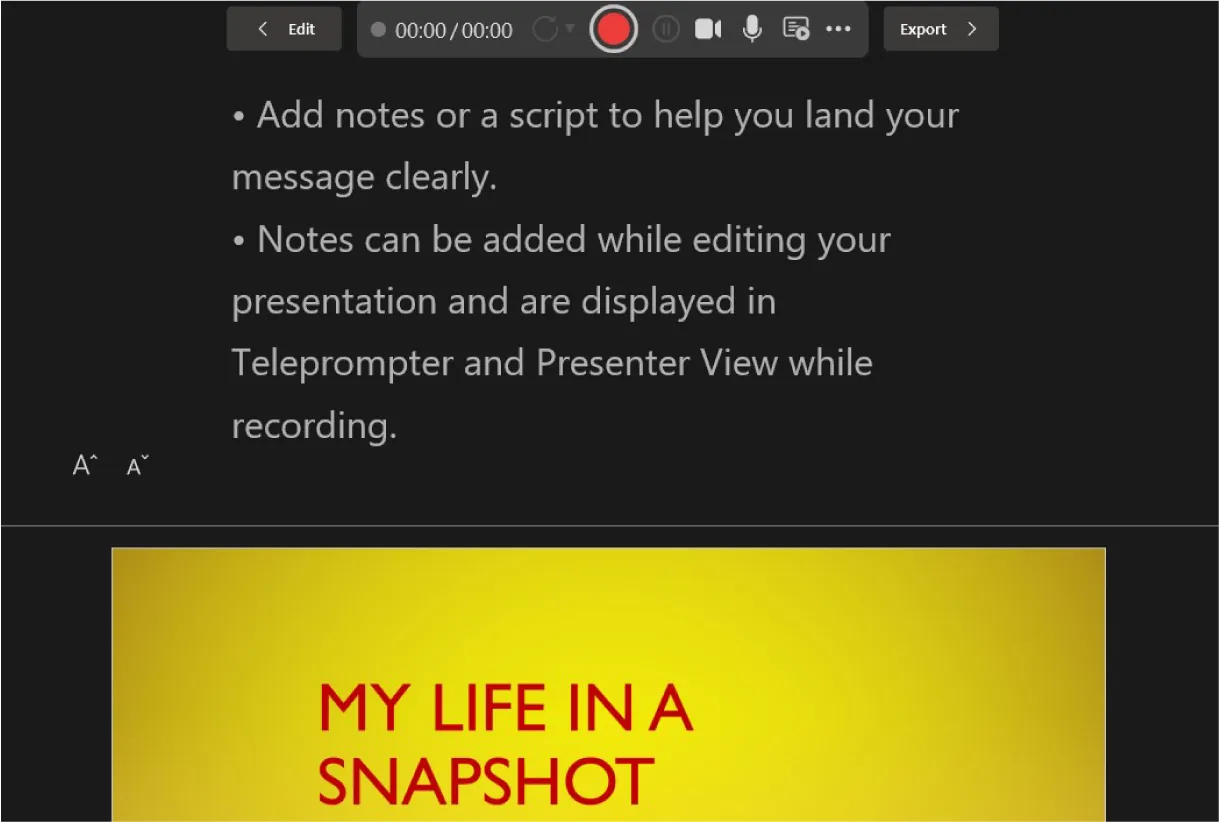 A screenshot of the record feature view open is shown. It displays the record button at the top, notes, and the selected PowerPoint screen.