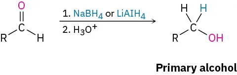 An aldehyde reacts with sodium borohydride or lithium aluminum hydride, then hydronium ion to form a primary alcohol.