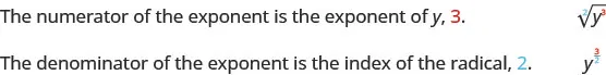 This figure says, “The numerator of the exponent is the exponent of y, 3.” It then shows the square root of y cubed. The figure then says, “The denominator of the exponent is the index of the radical, 2.” It then shows y to the 3/2 power.