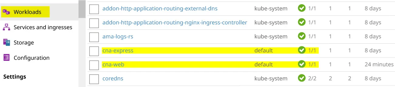 A screenshot shows that both microservices are successfully deployed and running in the Kubernetes cluster from the Azure console.