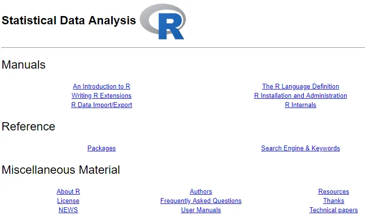 Screenshot of the R Statistical Analysis Help menu. Menu categories include Manuals, Reference, and Miscellaneous Material.