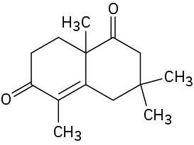 Bicyclo[4.4.0]dec-1-ene, with oxo groups on C 3 and C 7, methyl groups on C 2 and C 6, and two methyl groups on C 9.