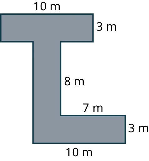 A ten-sided polygon. The sides measure 10 meters, 3 meters, 3 meters, 8 meters, 7 meters, 3 meters, 10 meters, 11 meters, 3 meters, and 3 meters.