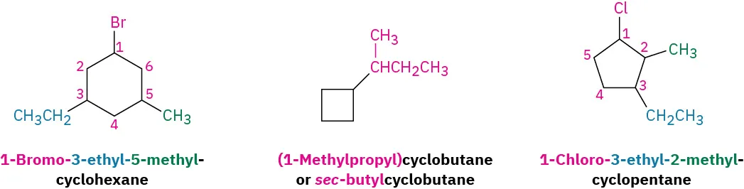 The chemical structures of 1-bromo-3-ethyl-5-methyl-cyclohexane, (1-methylpropyl)cyclobutane or sec-butylcyclobutane, and 1-chloro-3-ethyl-2-methyl-cyclopentane, positioned from left to right.