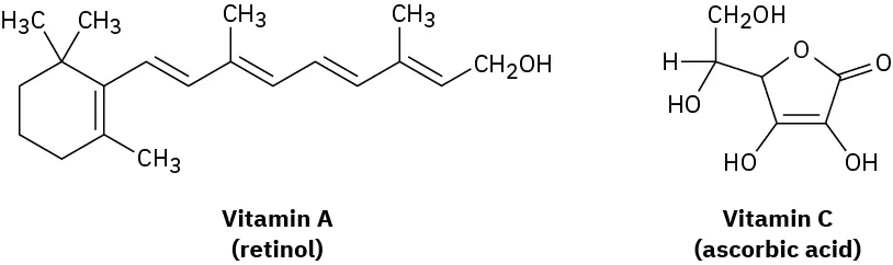 The bond-line structures of vitamin A (retinol) and vitamin C (ascorbic acid).