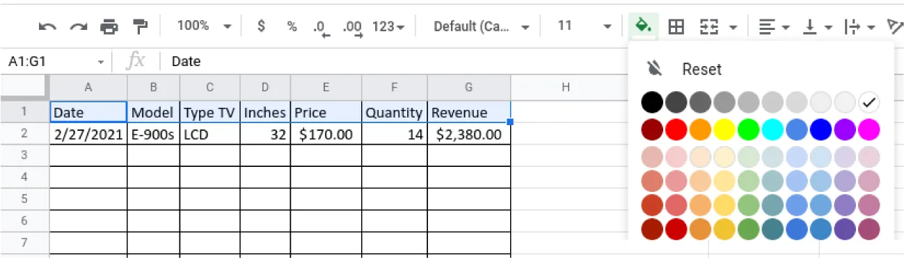 Row 1 is selected and the Fill color command (paint bucket icon) selected. The drop down shows “Reset” and 60 different color circles with the white selected with a checkmark.