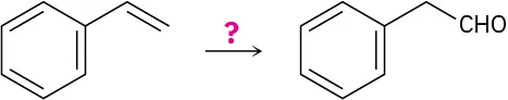 Styrene reacts in the presence of an unknown reagent indicated by a question mark to form 2-phenyl acetaldehyde.