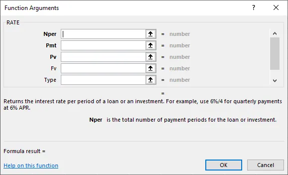 Screenshot of New Dialog Box for RATE Function Arguments. It shows the ata entry screen called “Function Arguments” and the RATE section contains fields for Nper, Pmt, Pv, Fv, and Type, all numerical fields.