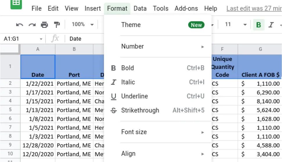 Part a shows A1:G1 selected. Across the top, the Format tab is selected and the drop down shows: Theme (New), Number, Bold, Italic, Underline, Strikethrough, Font size, and Align.