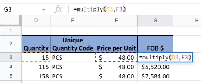 Cell G3 is selected and the formula bar and cell say: =multiply(D3,F3)