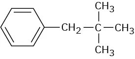 The structure has a benzene ring. C 1 is bonded to a methylene group, which is bonded to carbon. The carbon atom is bonded to three methyl groups.
