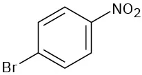 In a benzene ring, C 1 is bonded to a nitro group. C 4 is bonded to a bromine atom.