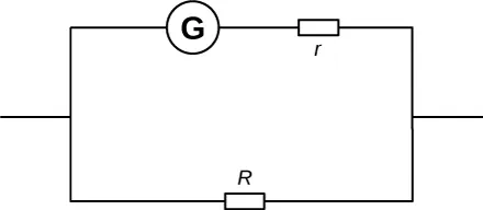 Rysunek przedstawia obwód z dwoma równoległymi odgałęzieniami, z galwanometrem podłączonym do opornika r i innego opornika R. 