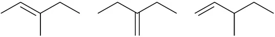 Pent-2-ene with methyl at C3, a pentane with double-bonded methylene at C3, and 1-pentene with a methyl group at C3.