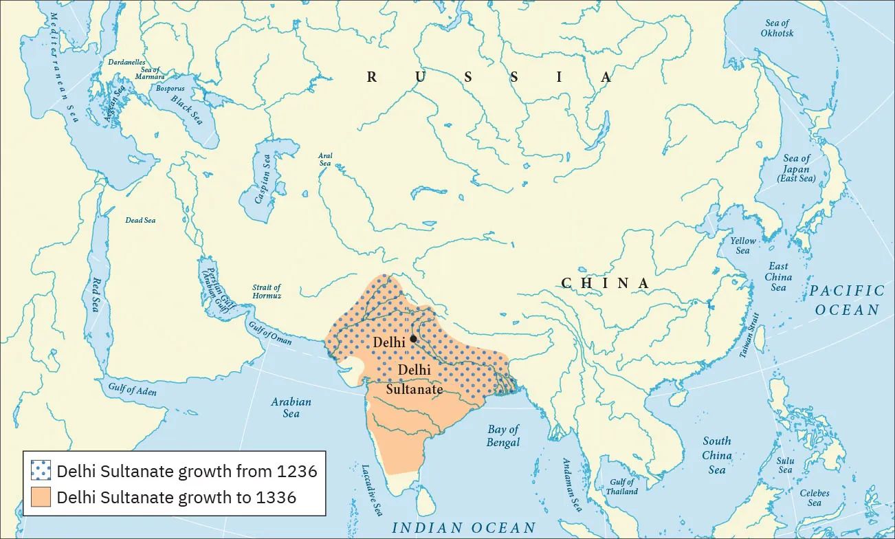 A map is shown, land highlighted beige and water blue. In the northwest, the Mediterranean Sea, the Aegean Sea, the Black Sea, the Dardanelles, the Sea of Marmara, and the Bosporus are labelled. Just east of the Black Sea the Caspian Sea and the Aral Sea are labelled. In the west, the Red Sea, the Dead Sea, the Persian Gulf (Arabian Gulf) the Gulf of Oman, and the Gulf of Aden are labelled. In the south, the Arabian Sea, the Laccadive Sea, the Indian Ocean, the Bay of Bengal, the Andaman Sea, the Gulf of Thailand, the South China Sea, the Sulu Sea, and the Celebes Sea are labelled. In the east, the Pacific Ocean, the Taiwan Strait, the East China Sea, the Yellow Sea and the Sea of Japan (East Sea) are labelled. In the northeast, the Sea of Okhotsk is labelled. The north area of the land is labelled “Russia” and the southeast is labelled “China.” Southwest of China an area is highlighted orange indicating “Delhi Sultanate growth to 1336” and labelled “Delhi Sultanate.” The city of Delhi is labelled with a black dot in the north of this area. The north half of this area is also overlaid with blue dots indicating “Delhi Sultanate growth from 1236.”