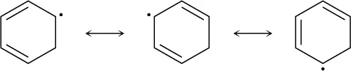 Three resonance structures of cyclohexadienyl radical.