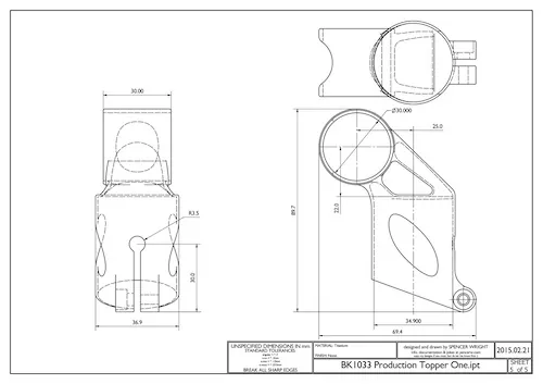 Schematic drawings of the object in the previous figure, two cylinders attached at roughly right angles with several spaces and attachment points. The schematic drawing shows the object from three perspectives and includes markings with measurements and dimensions. 