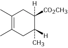 A cyclohexene, in which C 1 and C 2 are bonded to methyl. C 4 is wedge bonded to C O 2 C H 3. C 5 is dash bonded to methyl.