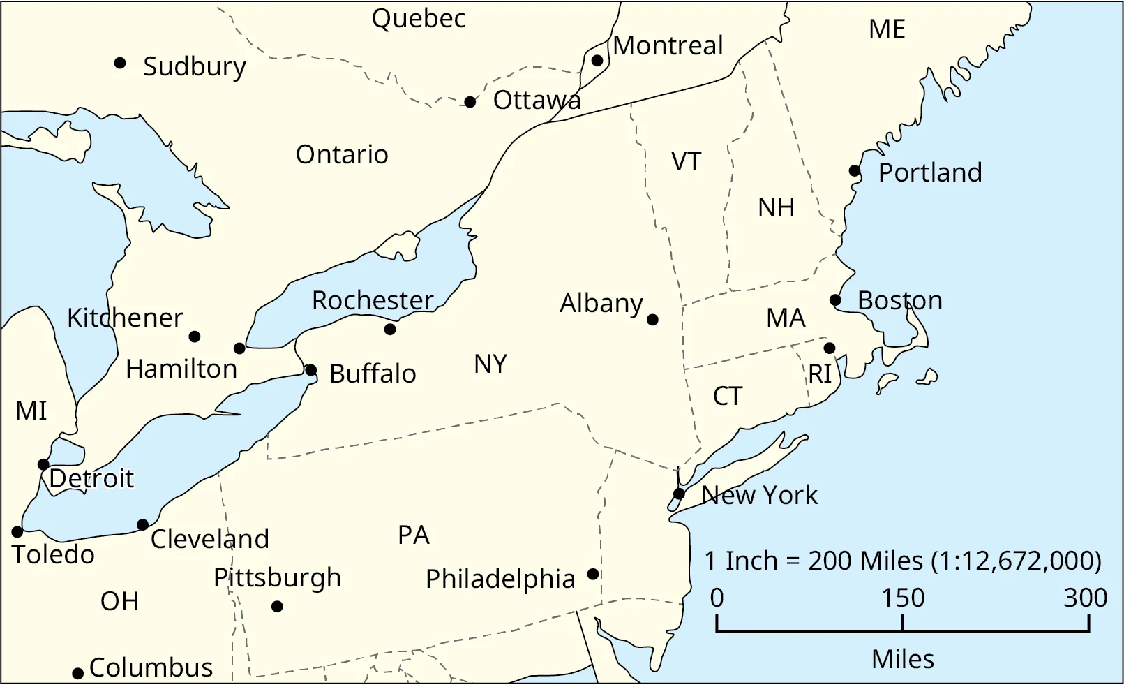 A map shows the northeastern part of the United States. The following cities are labeled: Portland, Maine; Boston, Massachusetts; Albany, New York; Buffalo, New York; Rochester, New York; New York City, New York; Philadelphia, Pennsylvania; Pittsburgh, Pennsylvania; Columbus, Ohio; Cleveland, Ohio; Toledo, Ohio; Detroit, Michigan; Hamilton, Ontario; Kitchener, Ontario; Sudbury, Ontario; Ottawa, Ontario; Montreal, Quebec. A scale reads, 1 Inch = 200 Miles (1 to 12,672,000).