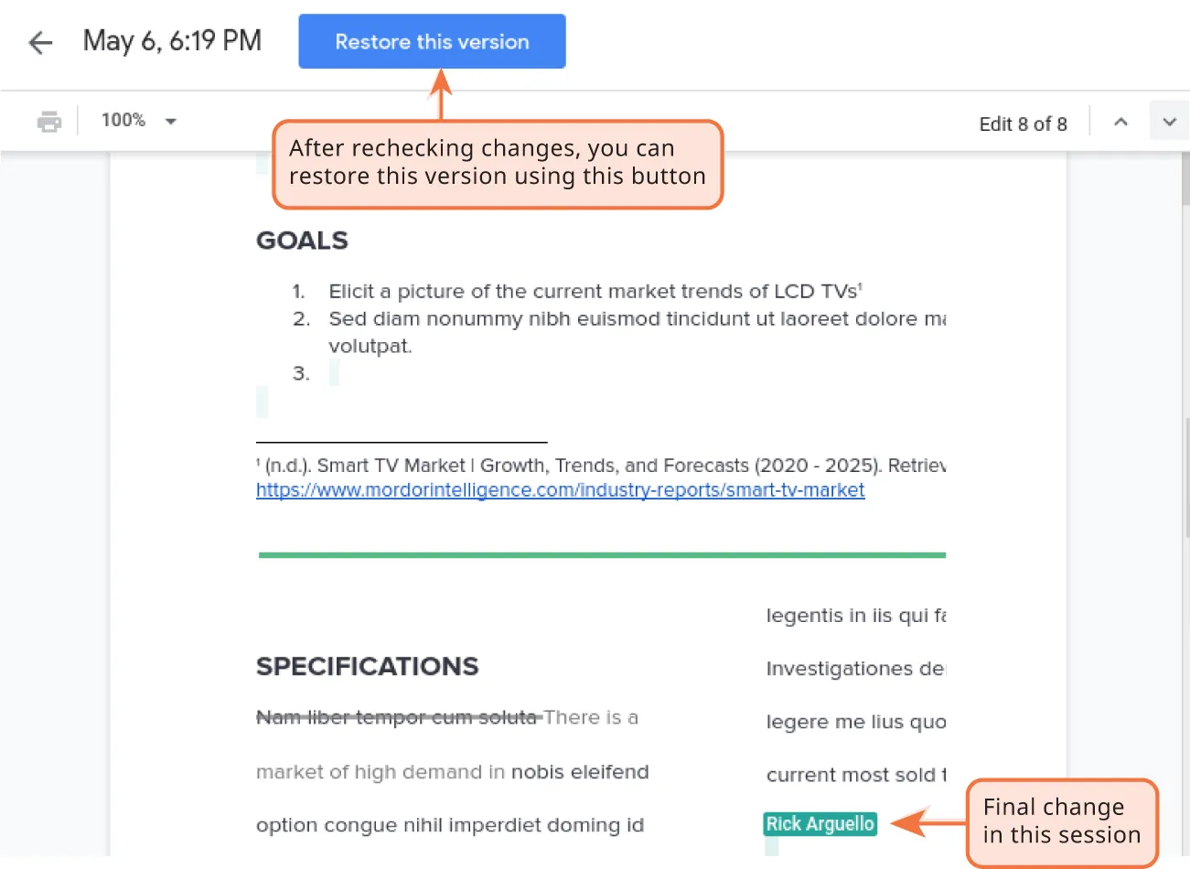 A Restore this version button displays with label: After rechecking changes, you can restore this version using this button. An editor’s name is highlighted and labeled: Final change in this session.